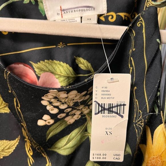 Anthropologie Black Floral Print Tie Neck Column MIDI Dress - Picture 6 of 6